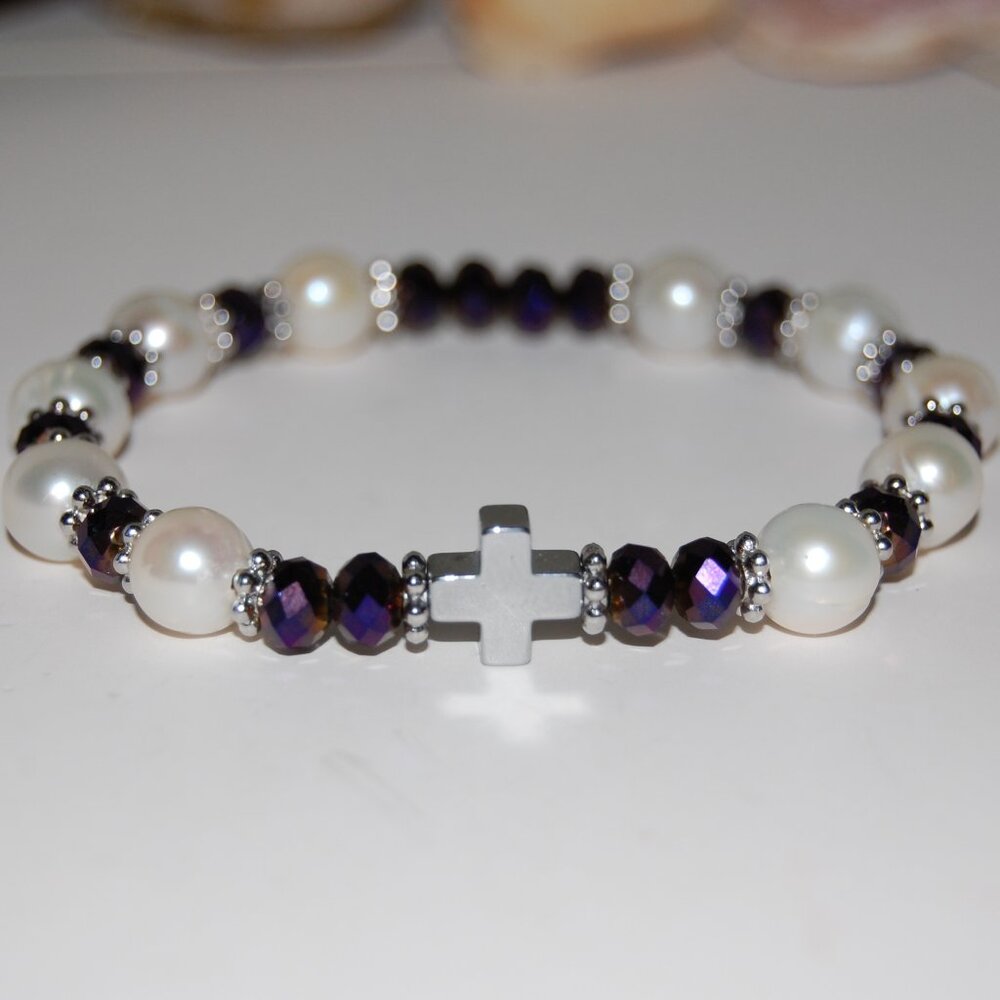 Cross Bracelet,Pearls Bracelet,Rosary Bracelet,Freshwater Pearls,Rosary Pearls